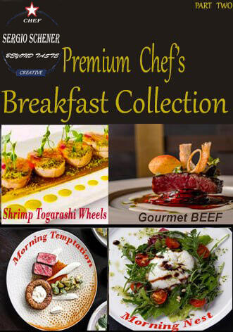 Premium Chef Collection: breakfast selection featuring crispy togarashi shrimp, gourmet beef, morning temptation salad and morning nest, presented with refined plating and artistic presentation