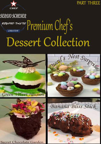 fine dining dessert menu. Featuring green velvet illusion, kupola nest surprise, chocolate garden, and banana bliss stick with modern artistic plating.