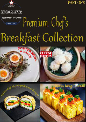 Premium Chef Collection .PART 2: breakfast selection featuring Scottish eggs & sauce, fluffy cheese bites, Okinawa burger, and Tamago Dashimaki, presented with modern artistic plating.