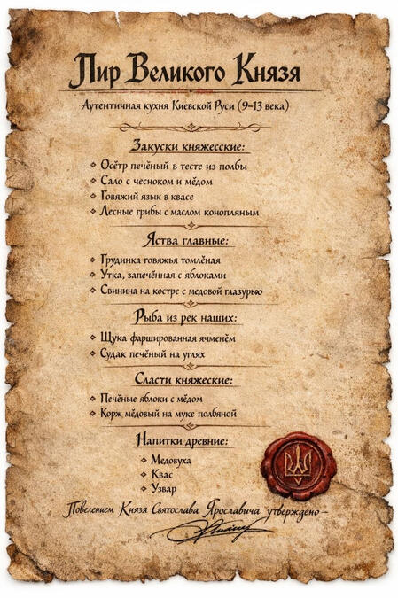 Kyivan Rus Culinary Collection: An exclusive selection of historically reconstructed dishes from the 9th–13th centuries, inspired by chronicles, featuring artisanal presentation and modern fine dining styling.