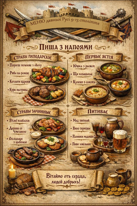 Kyivan Rus Culinary Collection: An exclusive selection of historically reconstructed dishes from the 9th–13th centuries, inspired by chronicles, featuring artisanal presentation and modern fine dining styling.